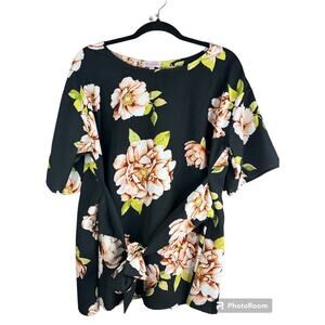 Molly Isadora Black Floral Print Short Sleeve Tie Waist Tunic Blouse Size 0X